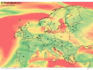 Stündliche Windgeschwindigkeiten in Europa vom 1.2. bis 7.2.2006 als typische Situation. Grüne Bereiche zeigen Windgeschwindigkeiten nahe 0 m/s, rote Bereiche zeigen Windgeschwindigkeiten von mind. 10 m/s