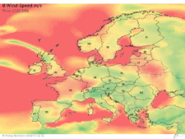 Stündliche Windgeschwindigkeiten in Europa vom 17.02. bis 24.02.2006 während einer kalten Dunkelflaute. Grüne Bereiche zeigen Windgeschwindigkeiten nahe 0 m/s, rote Bereiche zeigen Windgeschwindigkeiten von mind. 10 m/s