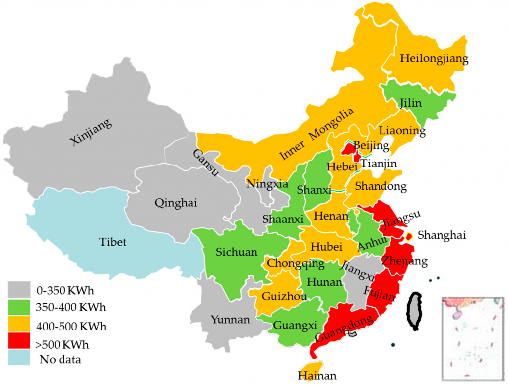 Stromverbrauch der chinesischen Haushalte nach Provinz pro Einwohner in 2012 (kWh), Quelle: MDPI
