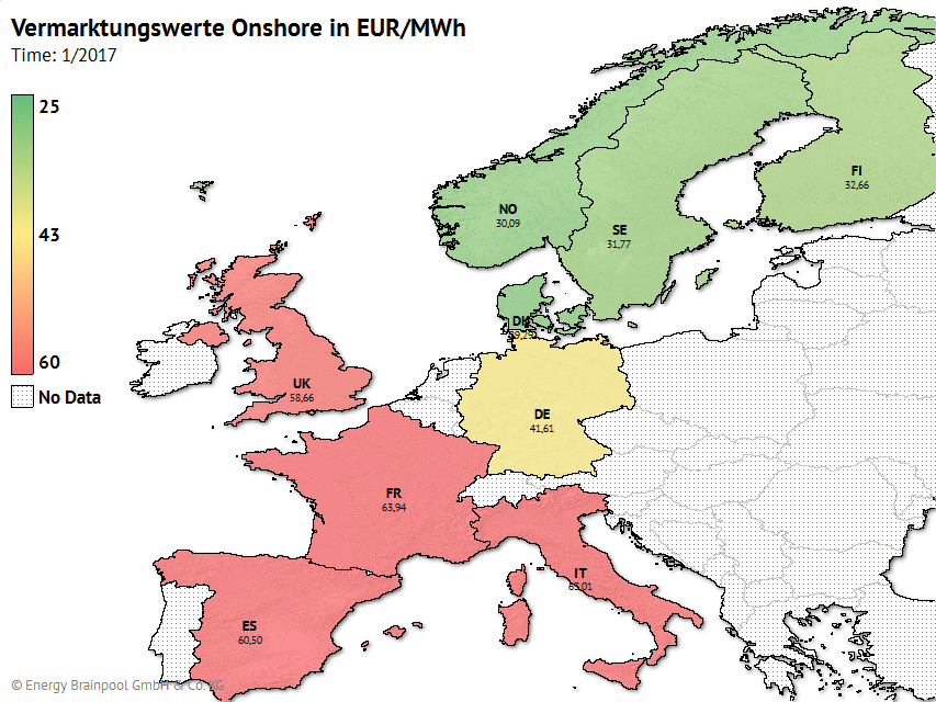 Entwicklung der Vermarktungswerte Wind-Onshore in EUR/MWh in den Ländern DE, FR, ES, IT und UK. Quelle: EPEX SPOT, N2EX (Nordpool), GME, Omie, Nordpool, ENTSO-E Transparency, Berechnung und Darstellung: Energy Brainpool