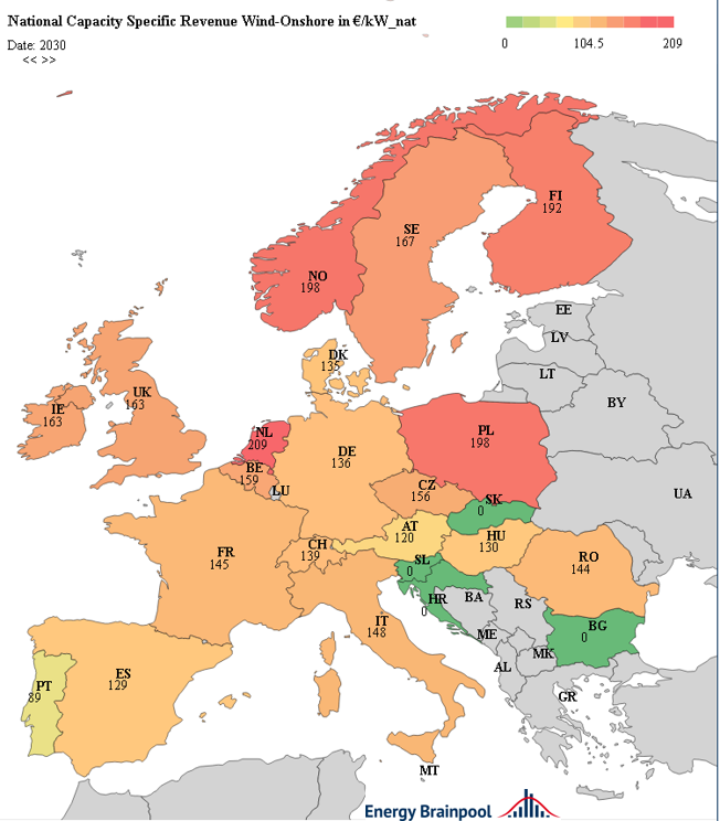 national capacity-specific revenues onshore in 2030 in EUR2018/kWnat of chosen European states, Energy Brainpool, EU 