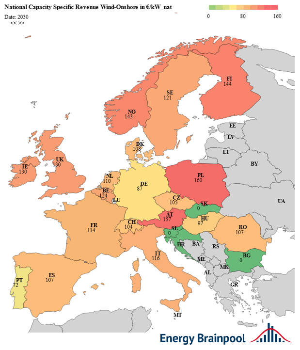 national capacity-specific revenues onshore in 2030 in EUR2019/kWnat of chosen European states, source: Energy Brainpool