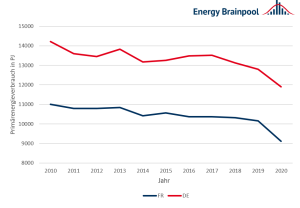 Abbildung 1: Veränderung des Primärenergieverbrauchs in Frankreich (FR) und Deutschland (DE) seit 2010 in PJ (Quelle: Energy Brainpool, 2022)