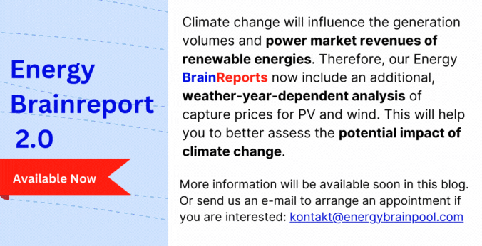 Climate change will influence the generation volumes and power market revenues of renewable energies. Therefore, our Energy BrainReports now include an additional, weather-year-dependent analysis of capture prices for PV and wind. This will help you to better assess the potential impact of climate change. More information will be available soon in this blog. Or send us an e-mail to arrange an appointment if you are interested: kontakt@energybrainpool.com
